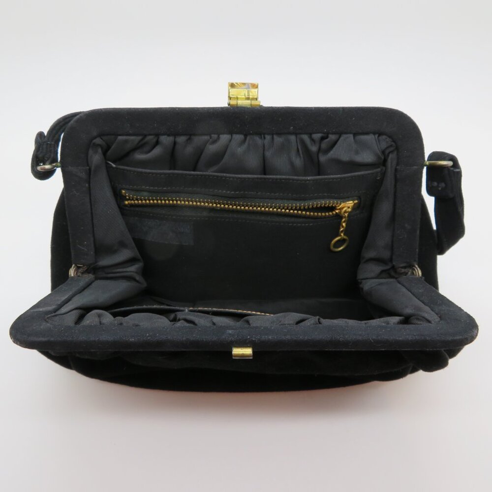 Vintage Black Suede Evening Bag Top Handle Purse Gold Clasp - Picture 8 of 12